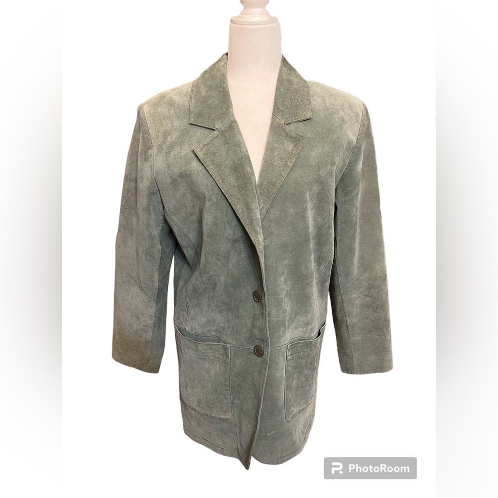 Women's Suede Leather Blazer Jacket in Olive Green